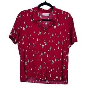 Vintage 90s Liz Claiborne Petite Red Sailboats Nautical Rayon Top Medium